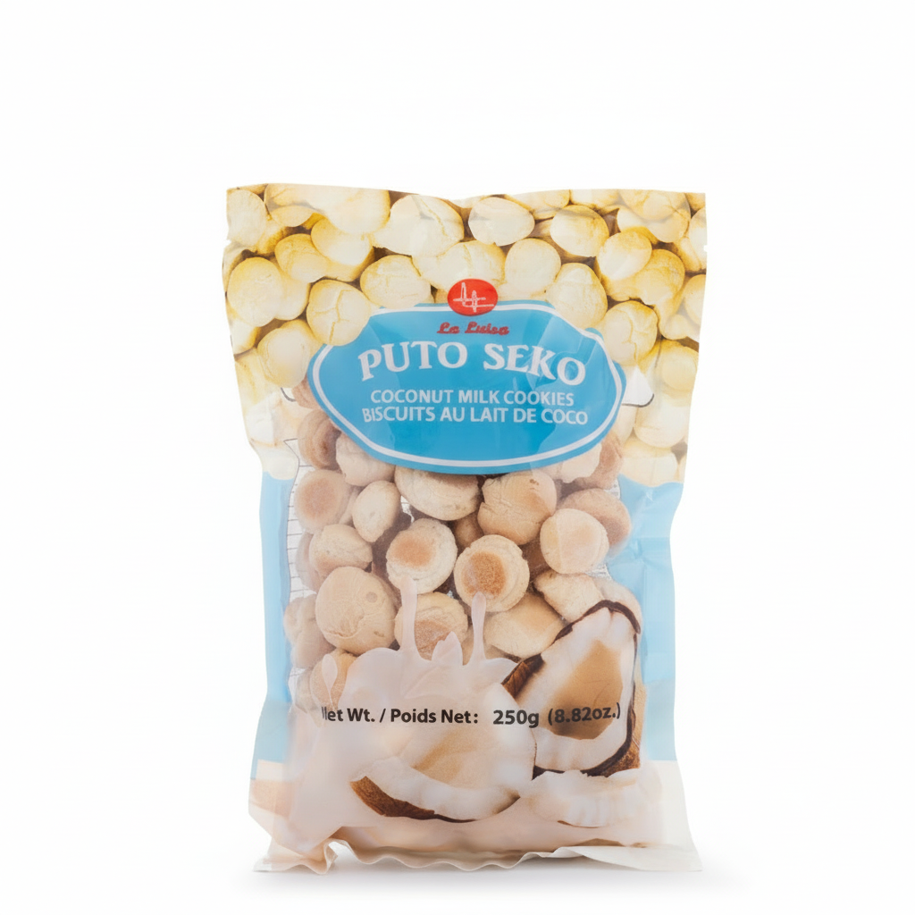 Packaged coconut milk cookies with brand label on a white background
